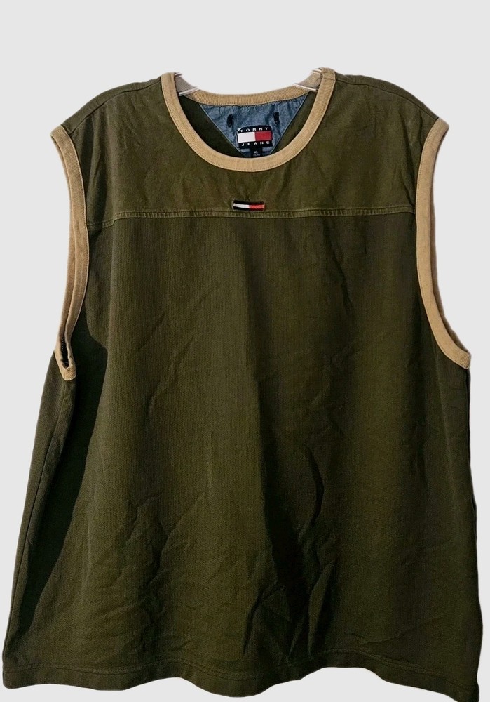 Y2K 2000 Tommy Jeans Sleeveless Jersey Tank Muscle Shirt Men's XL Army Green