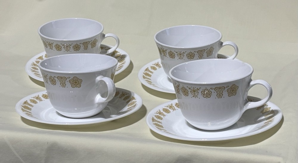 Corelle by Corning Butterfly Gold Cups & Saucers Set of 4 Made in USA