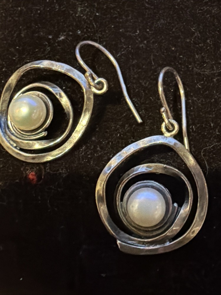 Vintage Dangling Sterling Silver Cultured Pearl Earrings 925 Israel