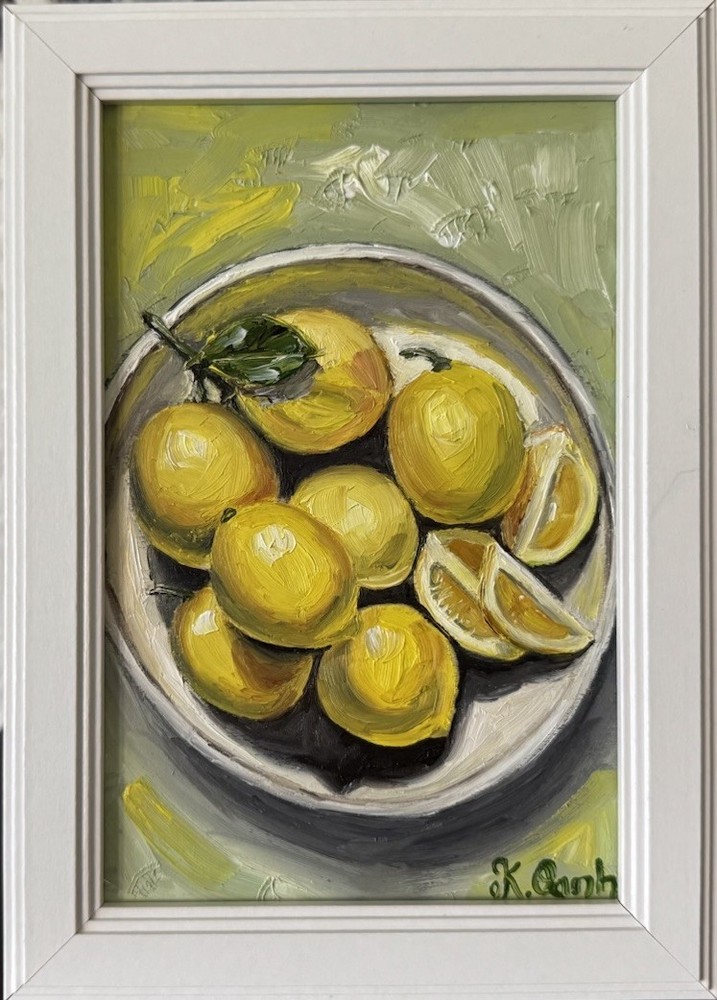 ORIGINAL OIL PAINTING STILL LIFE LEMONS SIGNED FRAMED 4x6
