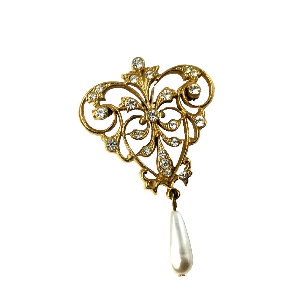 Vintage Small Gold Tone Brooch Rhinestones Faux Drop Pearl Floral