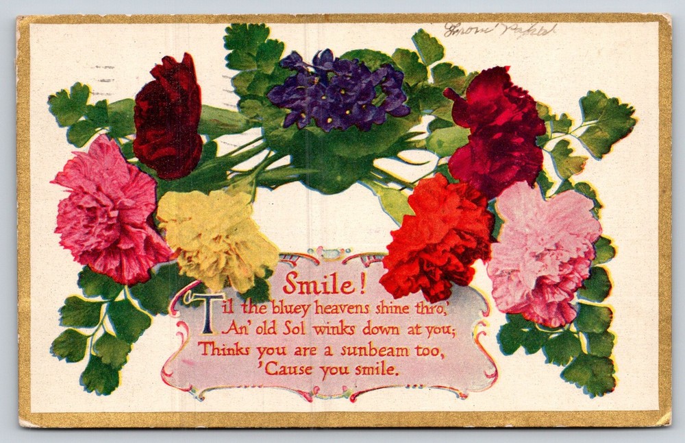 Greetings~Red Pink & Yellow Flowers Smile Poem~Vintage Postcard