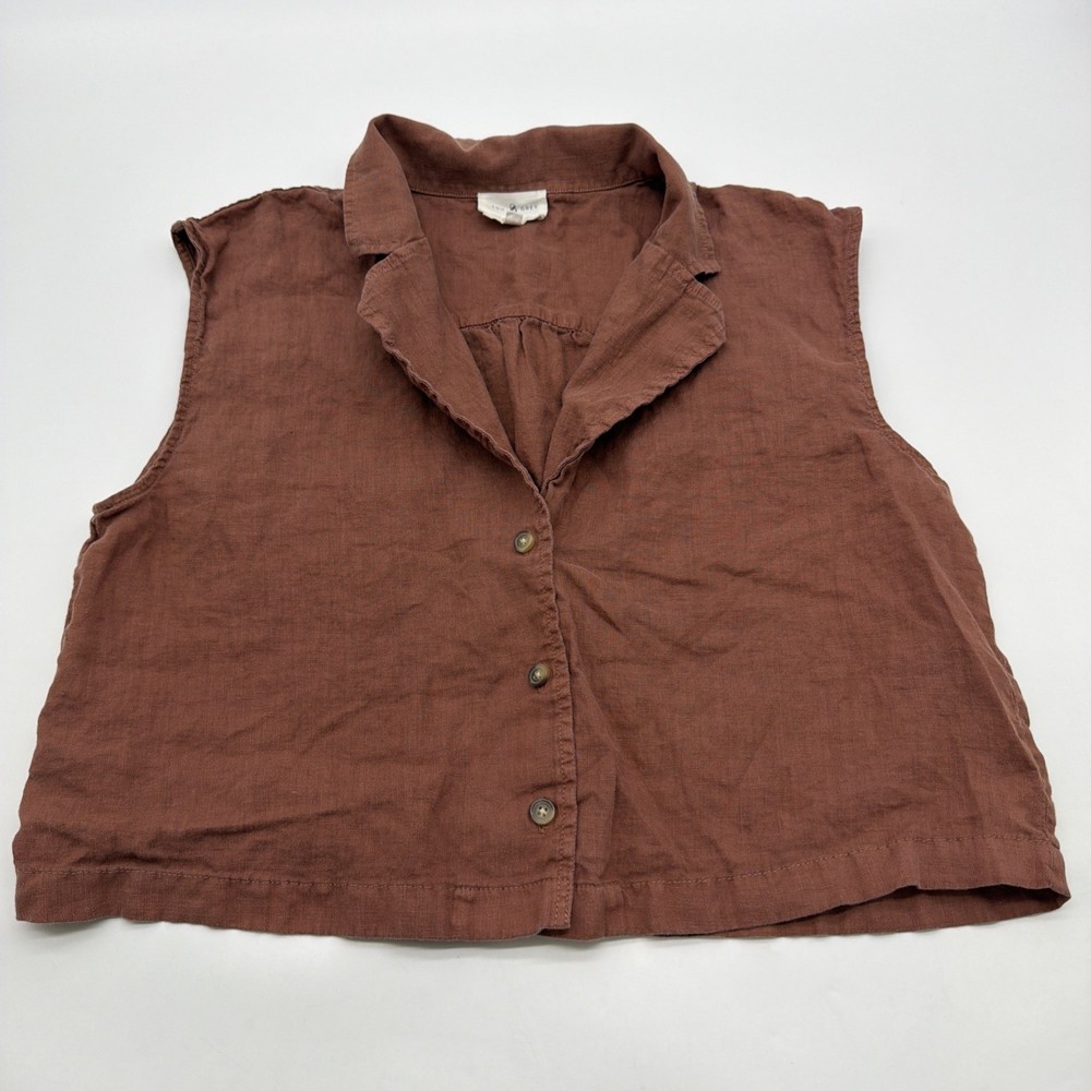 Lou & Grey Blouse Women L Brown Solid 100% Linen .#46753