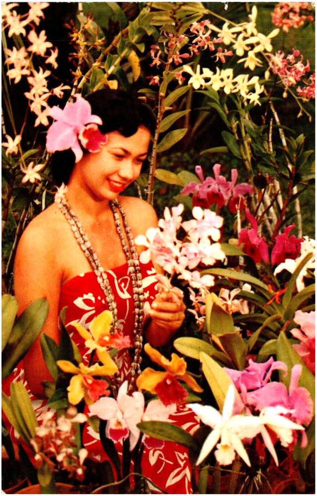 Beautiful Maiden in Sarong & Orchids Honolulu Hawaii HI 1950s Chrome Postcard