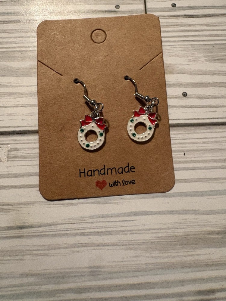 Handcrafted Christmas Wreath Dangle Earrings Hook Red White Green Silver Plated