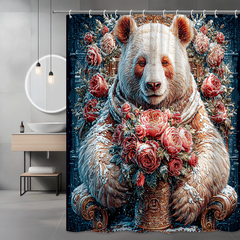 Bear and Roses Shower Curtain Floral Graphic Print