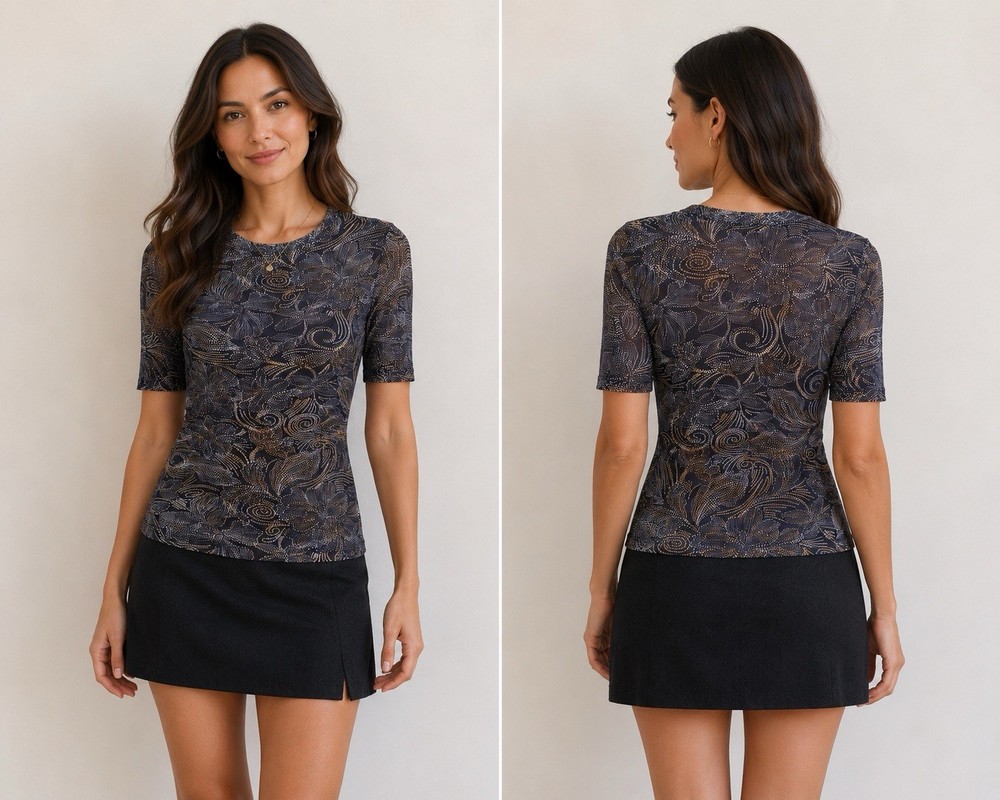 Johnny Was Top Navy Blue Multi Color Sheer Floral Nylon Spandex Top Size SM #781