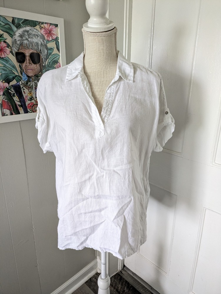 Nicole Miller White Linen Top V Neck Blouse Collared Short Sleeve Women's Medium