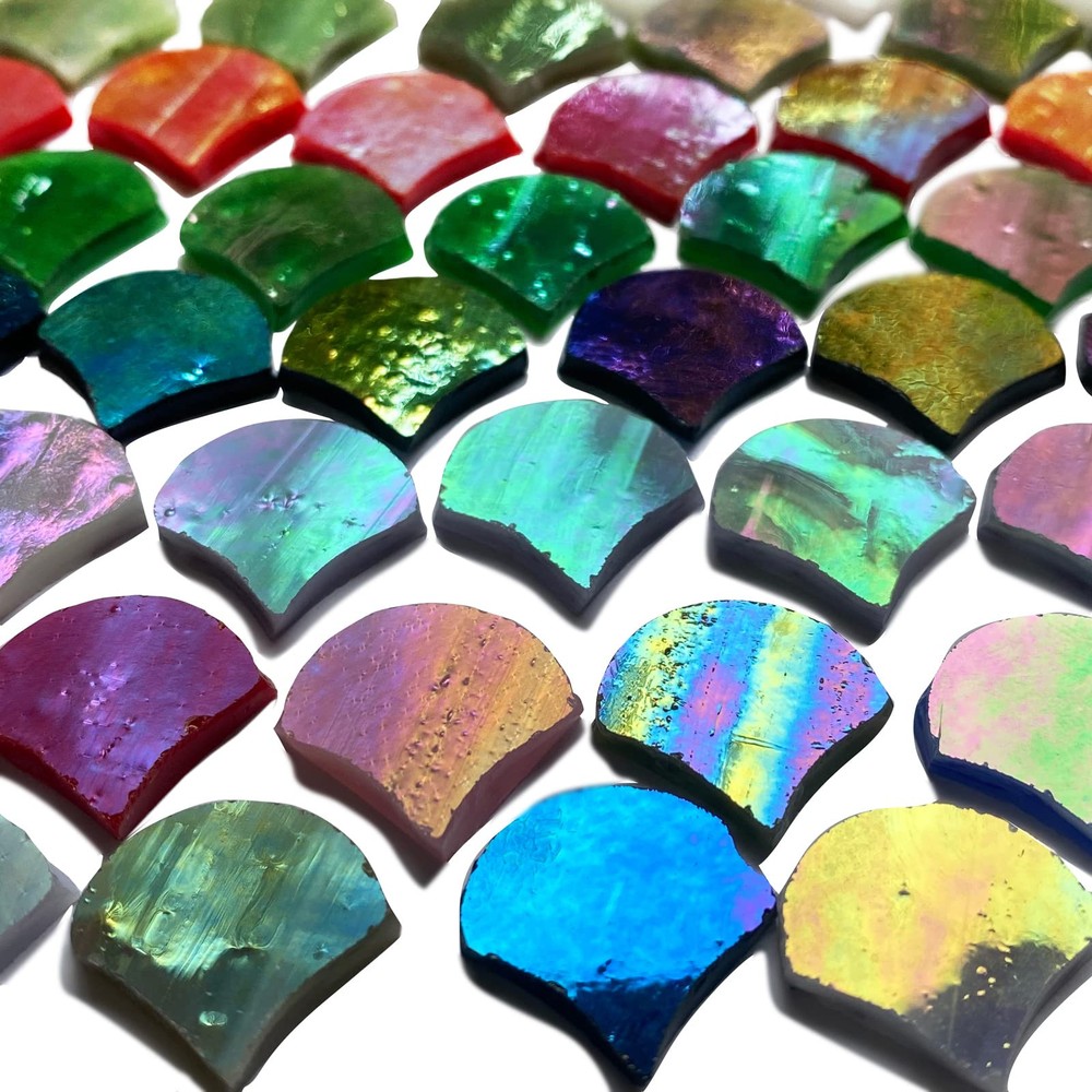 Magic Iridescent Fan-Shaped Glass Mosaic Tiles for DIY Crafts - 170pc Stained Gl