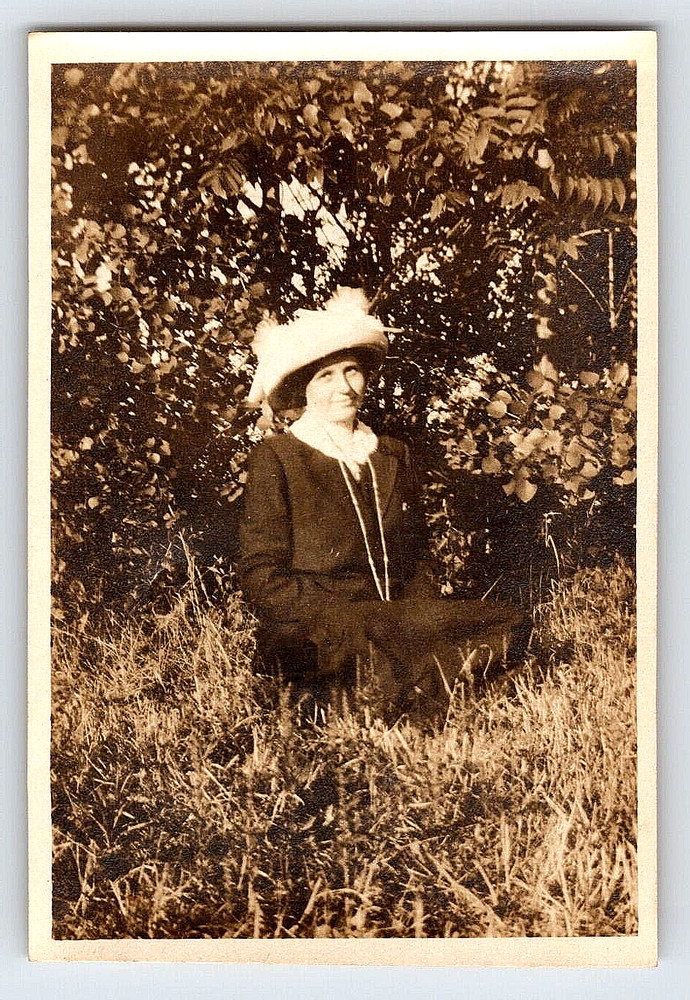 Vintage Old Antique Real Photo Lady Woman In Dress And Hat Sitting On Ground