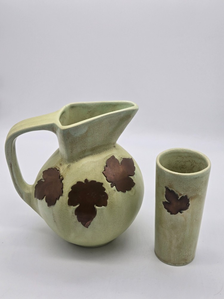 Handmade Ceramic Pitcher and Cup with Copper Leaves and Sponged Brown Design – 33 oz Set