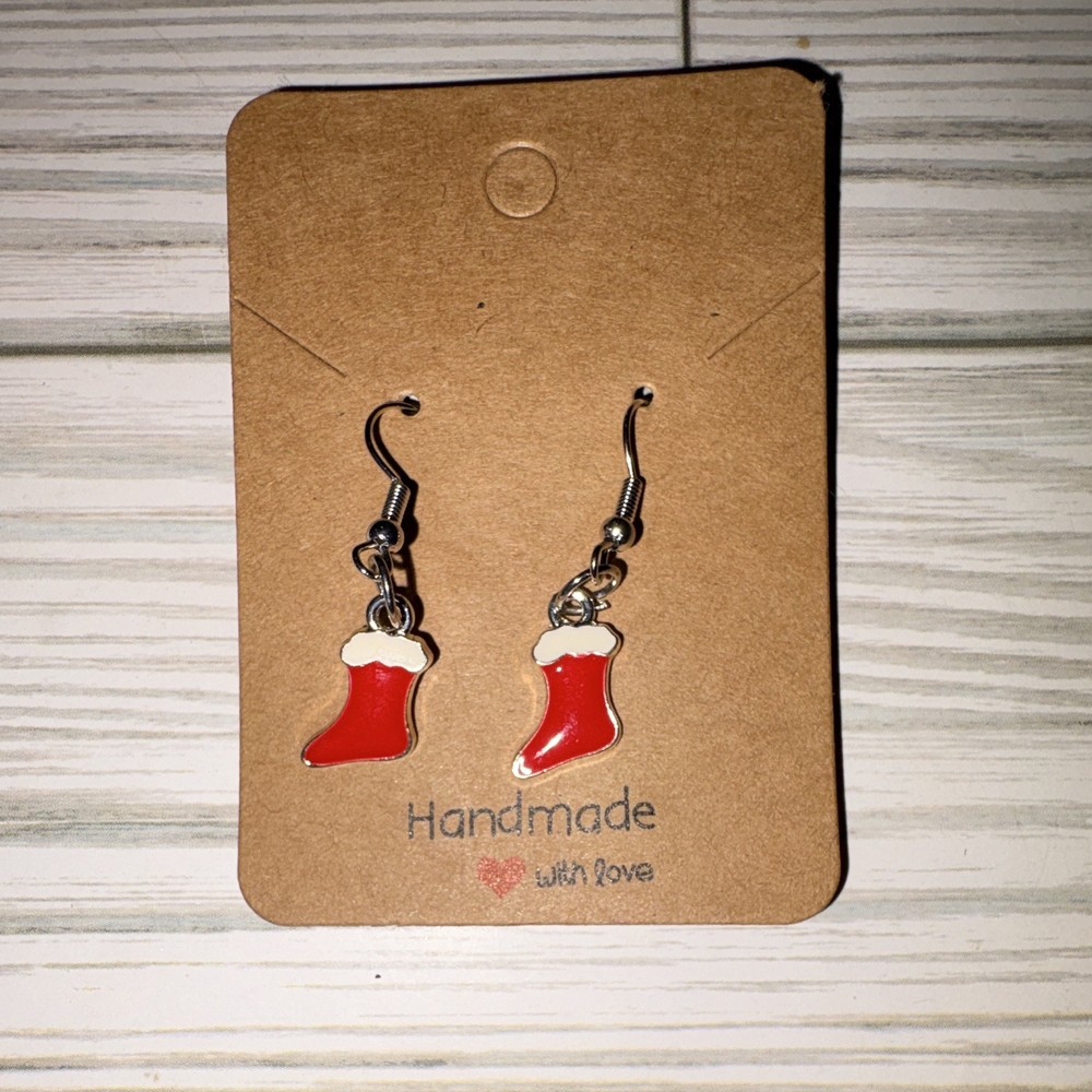 Handcrafted Red & White Stocking Dangle Earrings Silver Tone Hook Christmas
