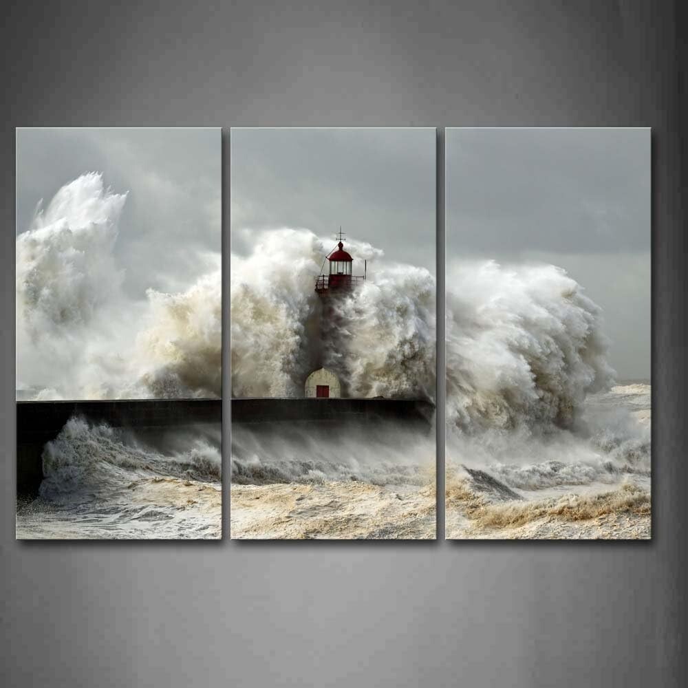 Elegant Seascape Canvas Triptych Featuring Lighthouse - 16x32in Each