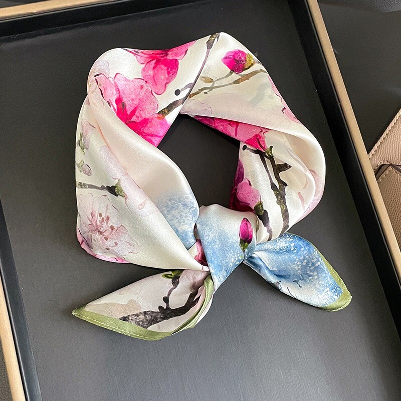 100% Silk Scarf Women Vintage White Flower Kerchief Small Square Bandana 53*53cm