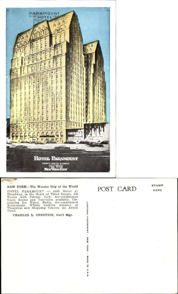 Hotel Paramount New York City NY NYC ~ 1920s vintage postcard sku375