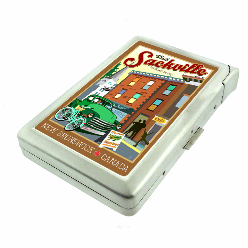 Canada Vintage Em1 100's Size Cigarette Case with Built in Lighter Metal Wallet