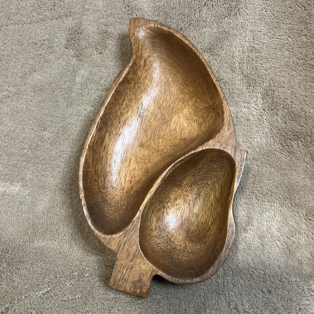 Mid-Century Vintage Leaf Wood Wooden Trinket Tray Divided Dish Bowl 7