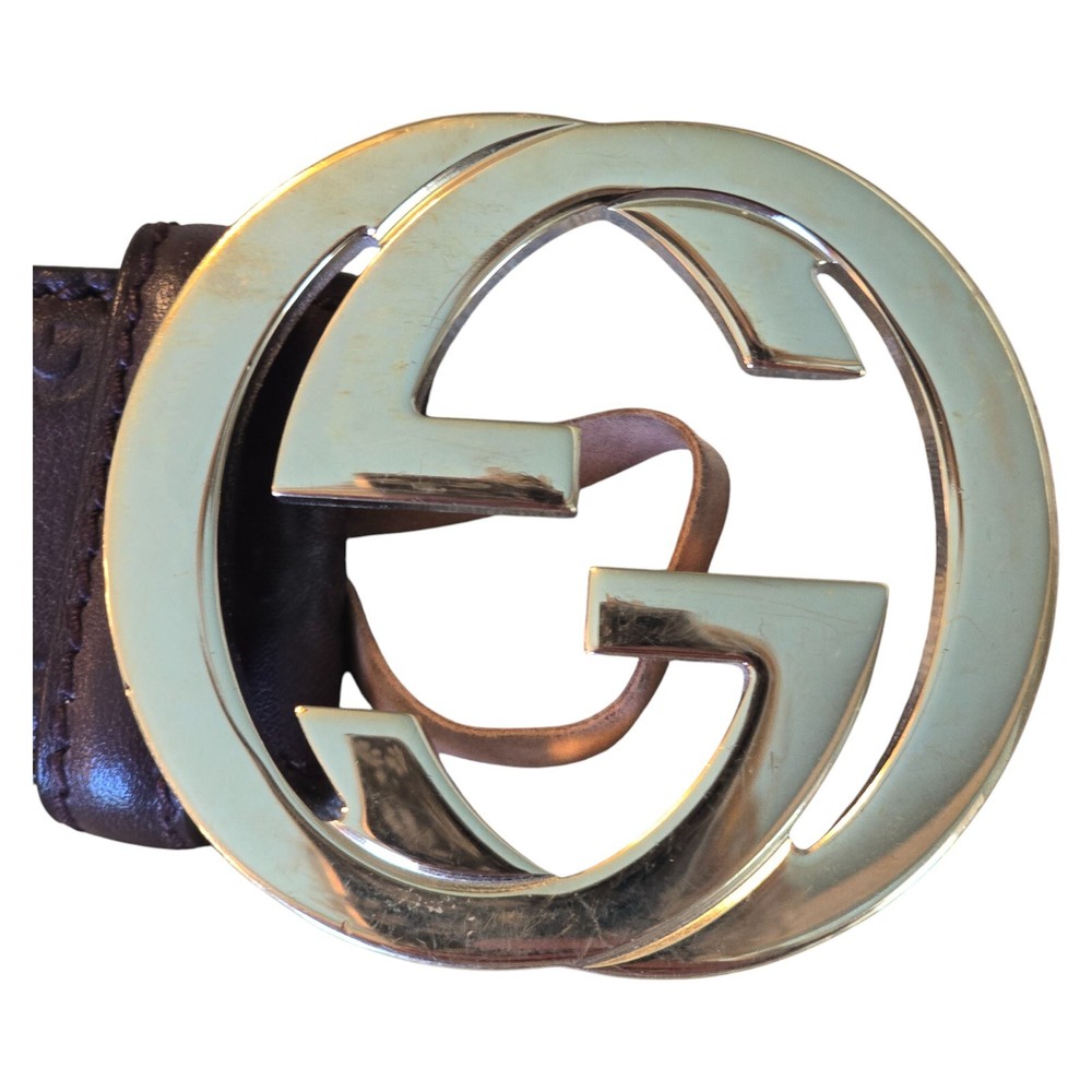 Gucci Authentic Brown Leather Belt with Gold Logo Buckle Stamped