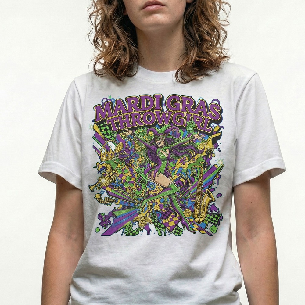 Mardi Gras Throwgirl T-Shirt Funny Jester Carnival Nola Beads Gift Tee