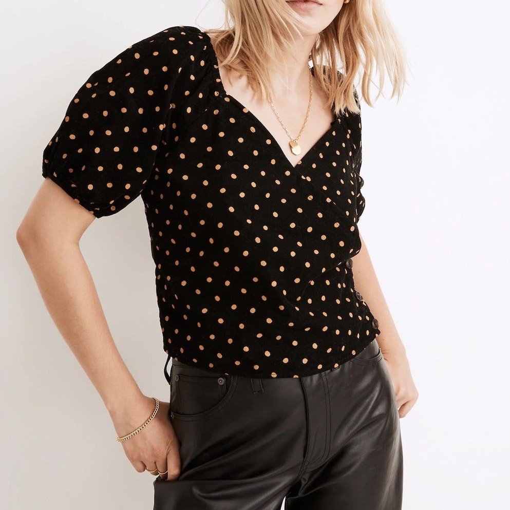 Madewell Black Corduroy Puff Sleeve Wrap Top with Polka Dots for Fall Office Wear in Small