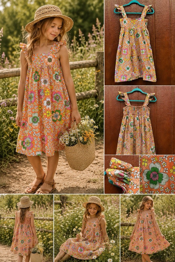 Stella McCartney Kids Orange Floral Dress Size 10 Retro 70s Mod Ruffle Strap