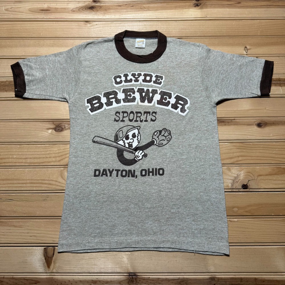 Vintage 70s 80s Clyde Brewer Sports Dayton Ohio Ringer Shirt USA Made Size Small