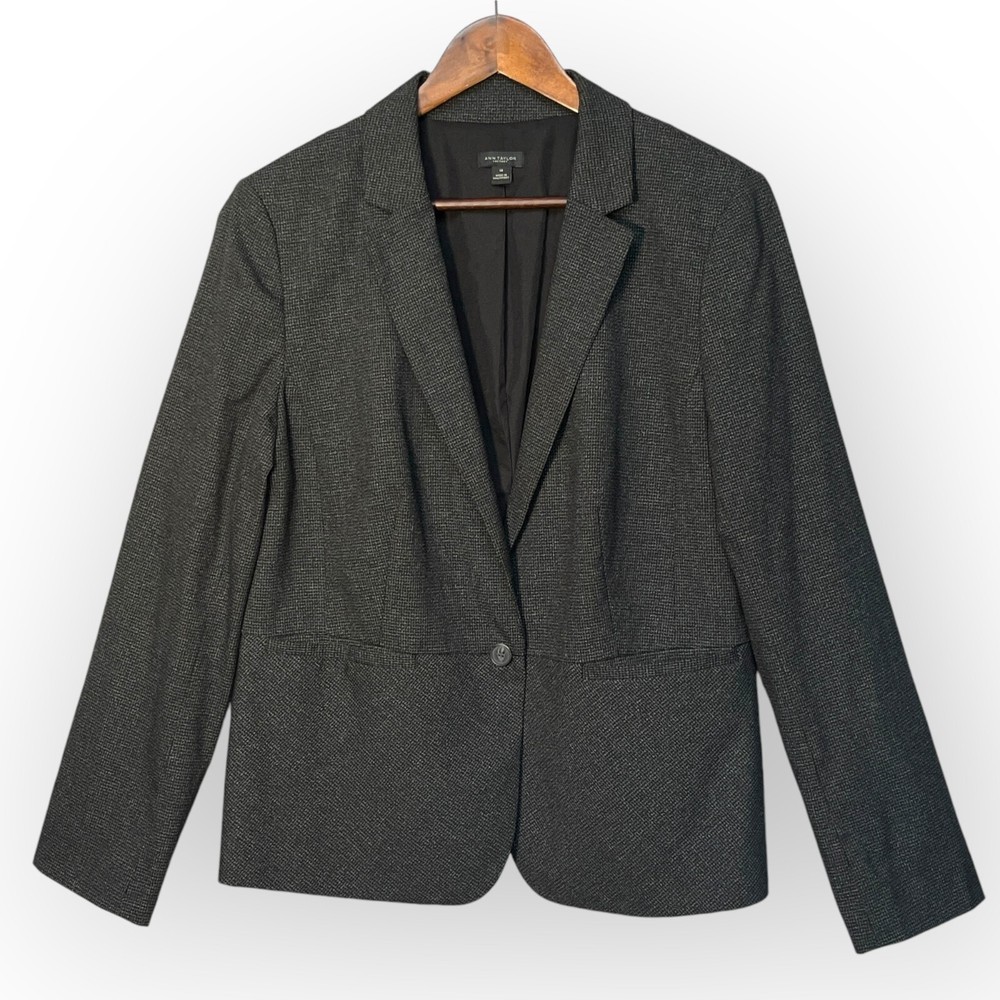 Ann Taylor 1-Button Blazer Jacket Women Size 14 Gray Pocket Long Sleeve Lined