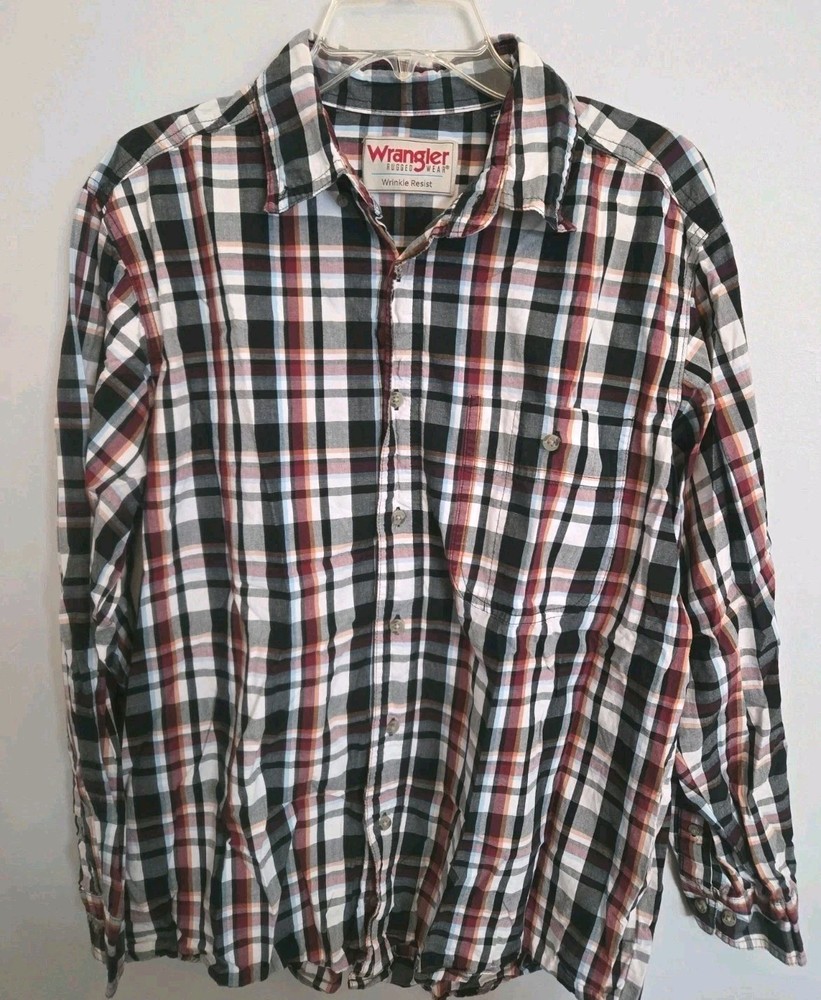Wrangler Rugged Wear Plaid Button Up Shirt Men’s Large Wrinkle Resist Long...