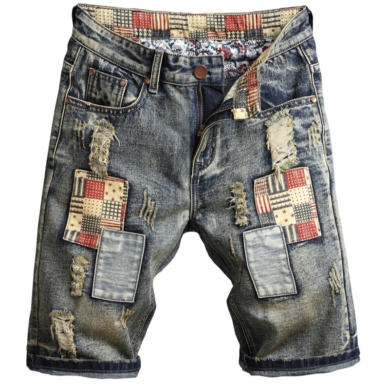 Men's Slim Patch Short Jeans Casual Pants Ripped Skinny Denim Shorts Trousers