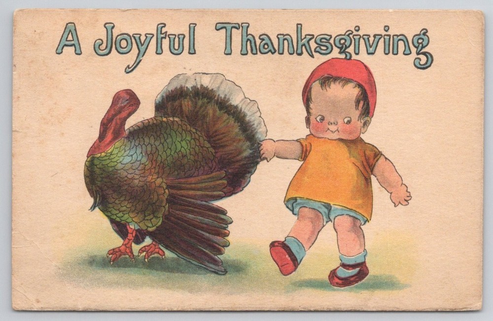 A Joyful Thanksgiving Postcard c.1910s Baby Child & Turkey Vintage Embossed