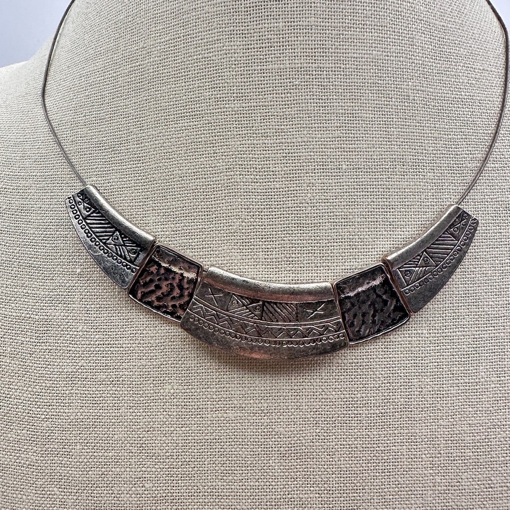 Vintage 70s Silver Tone Tribal Statement Choker Necklace Ethnic Artisan Jewelry