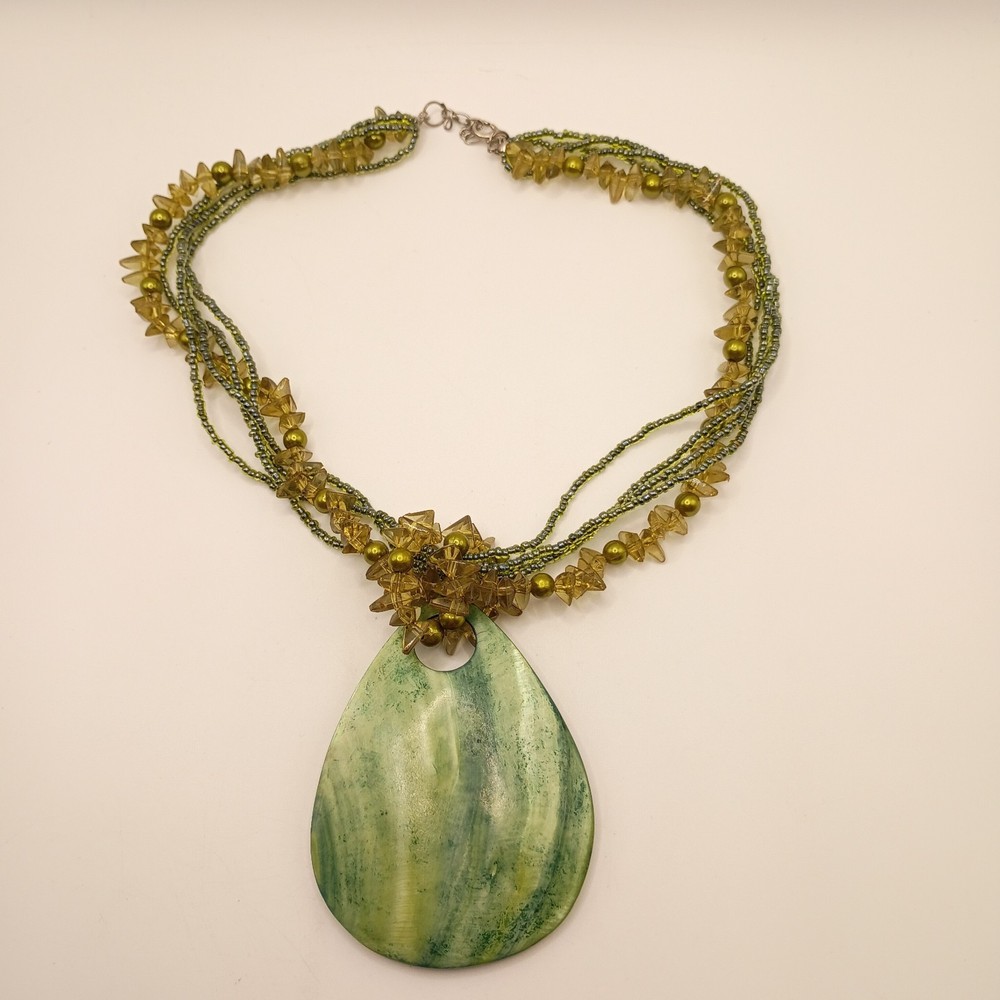 Vintage Boho Multi Strand Green Necklace Seed Bead Dyed Shell Teardrop Statement