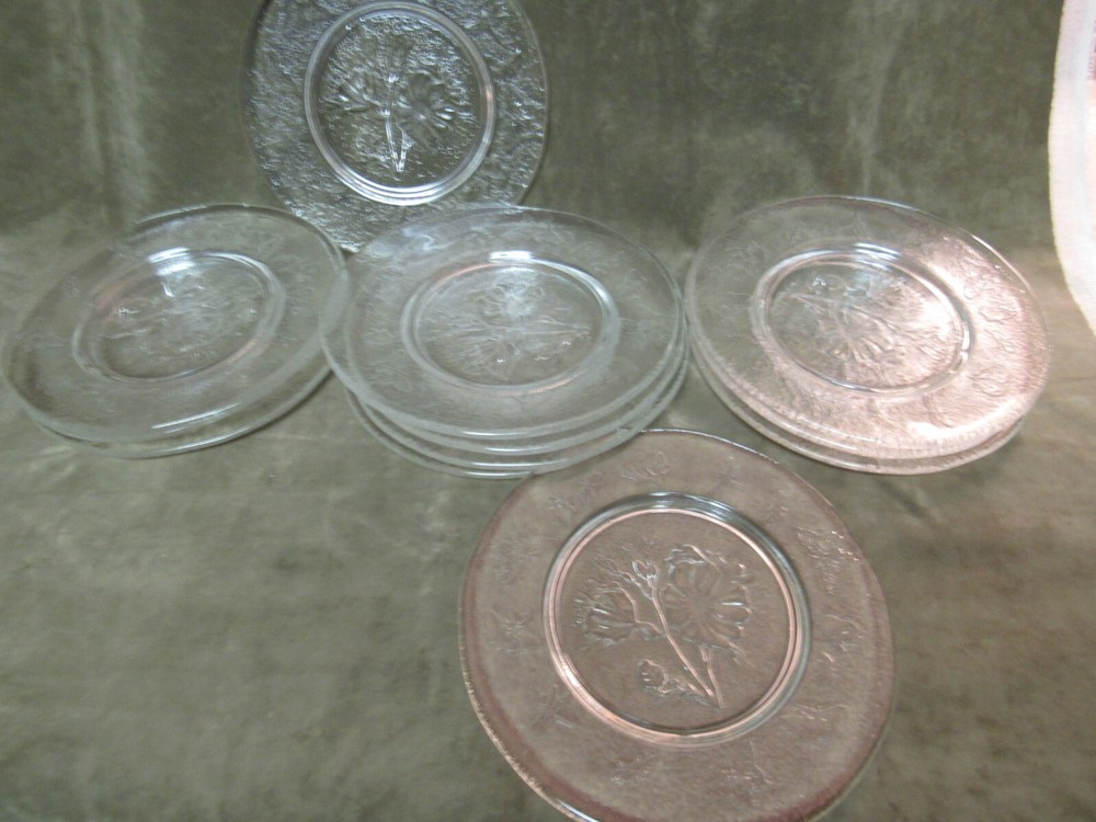 Vintage Clear Glass Textured Background Butterfly Insect Poppy Flower Plate Lot