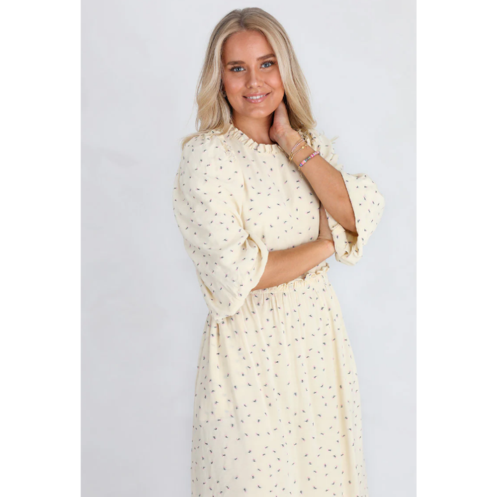Munthe Curtis Floral Rose Print Ruffle Midi Dress in Creme EU 40 US 8 Open Back