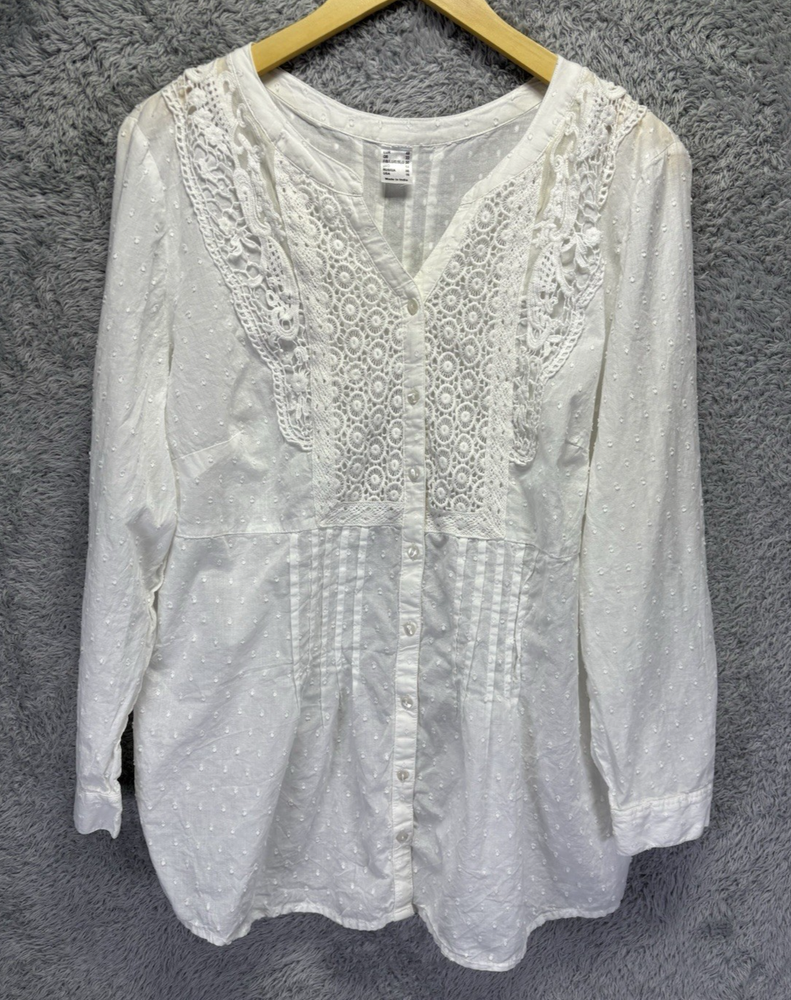 Boho White Cotton V-Neck Embroidered Tunic Top for Women XL 16 Semi-Sheer