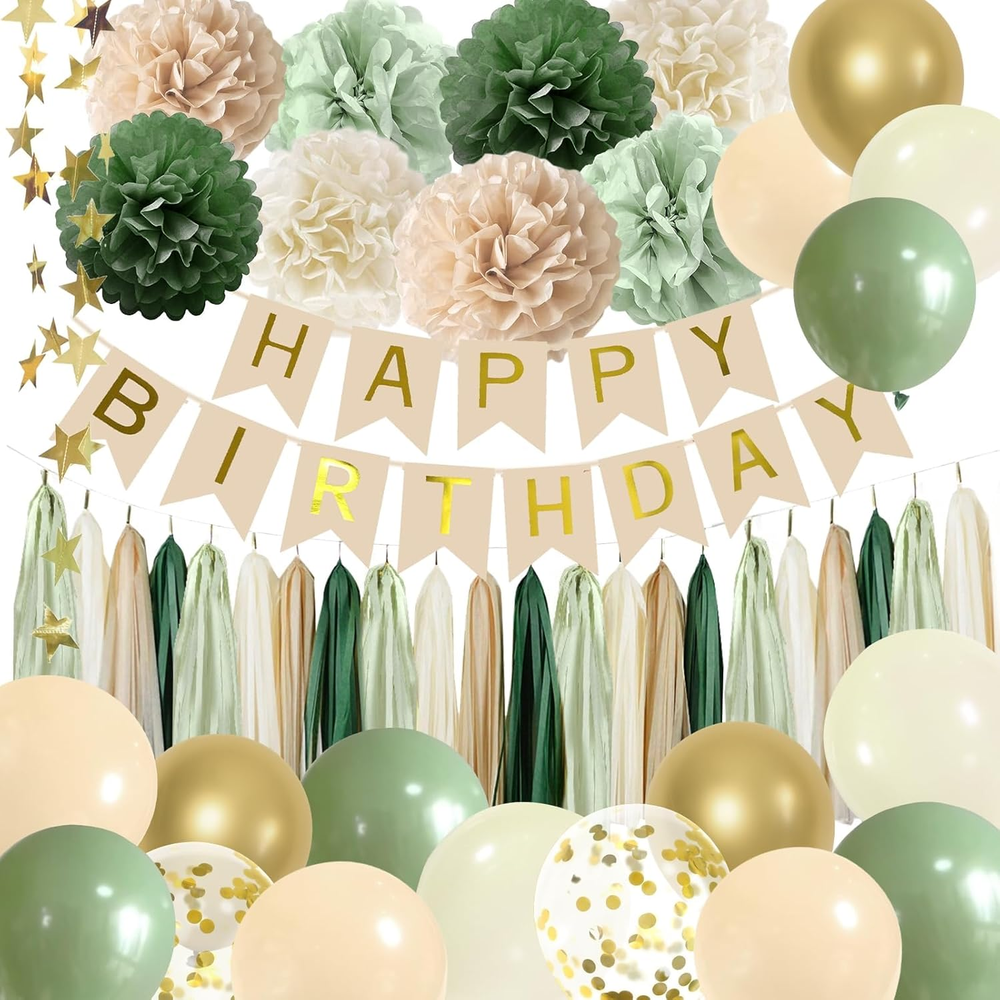 Sage Green Birthday Party Decorations with Banner, Tissue Tassels, Paper Pompoms