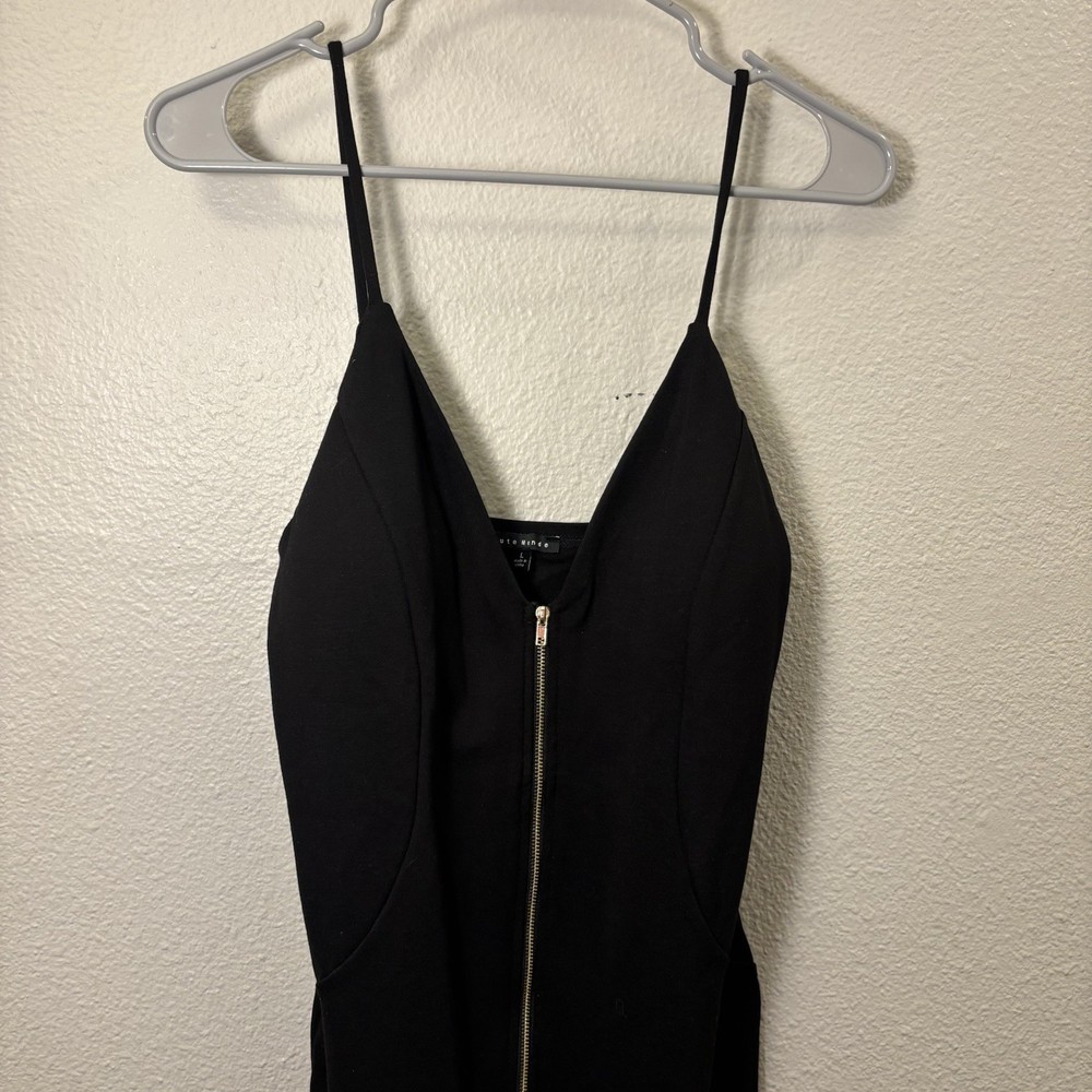 Haute Monde Black Solid V-Neck Sheath Knee Dress Front Zip Adjustable Straps L