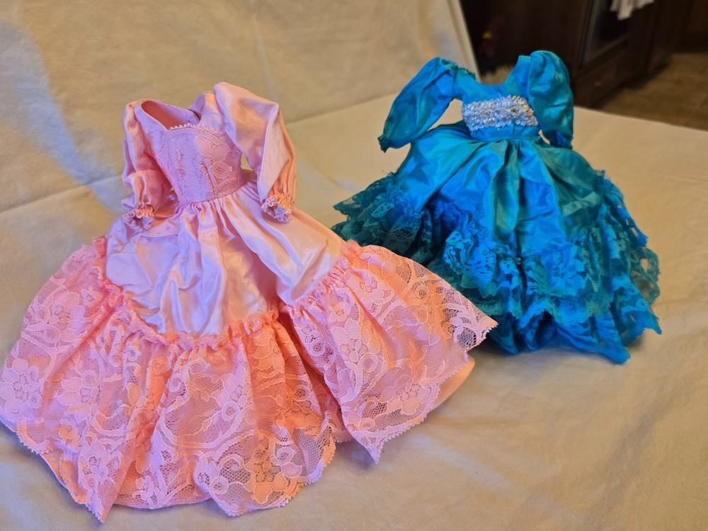 Homemade Vintage 1980s Barbie ruffled ball gowns, pink and blue