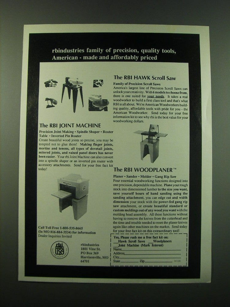 1988 RBI Hawk Scroll Saw, Joint Machine and Woodplaner Ad
