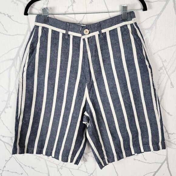 Zara Man Blue Chambray Stripe Cotton Linen Chino Shorts | Men's 28