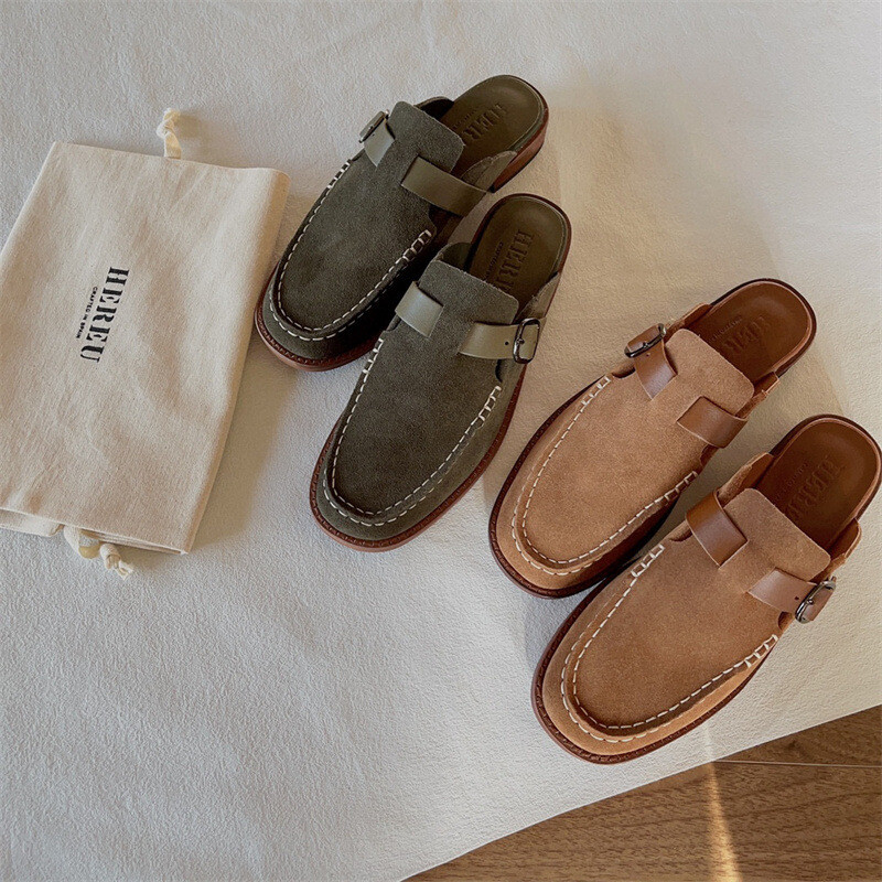Hereu Women's Flat Bottomed Round Toe Half Slippers Shoes real leather Loafers