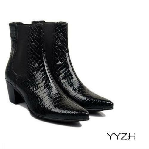 Men's Black Leather Chelsea Boots Pointed Toe Cuban Heel US 10