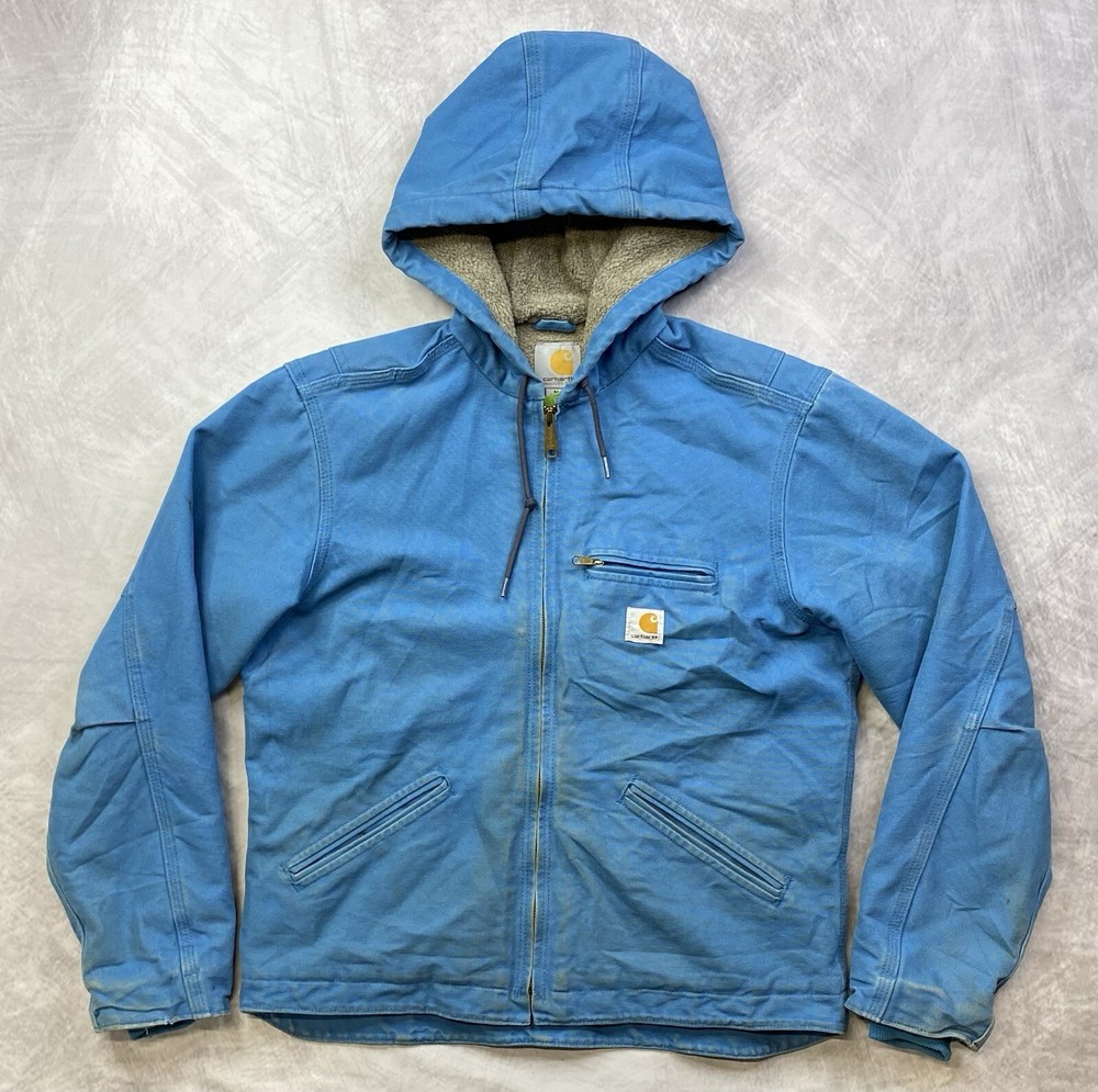 Carhartt WJ141 431 Sherpa Lined Duck Canvas Hooded Sky Blue Jacket Size Medium