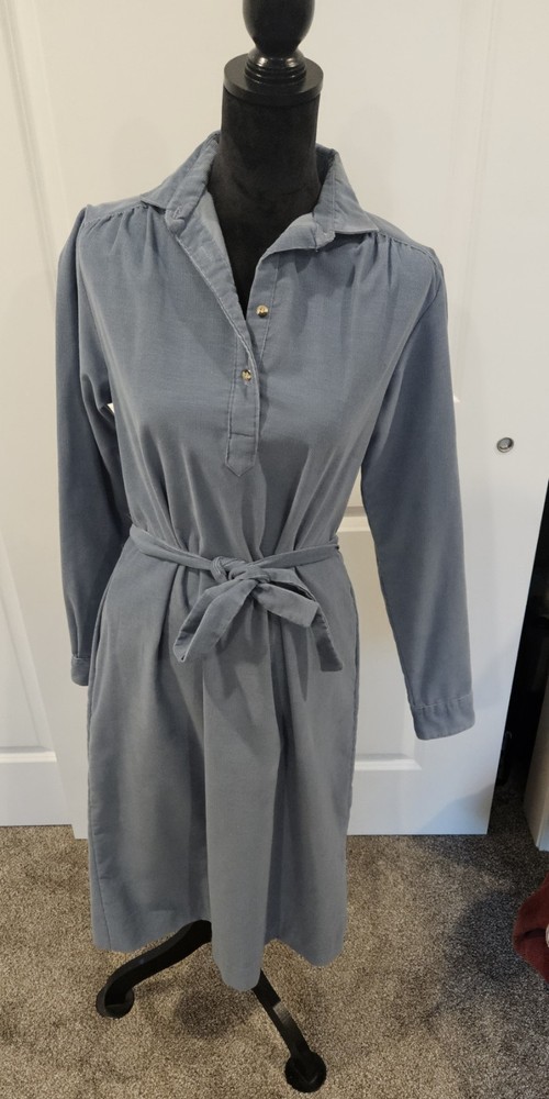 L.L. Bean Light Blue Corduroy Henley Shirt Dress Long Sleeve Size 12 VTG W/belt