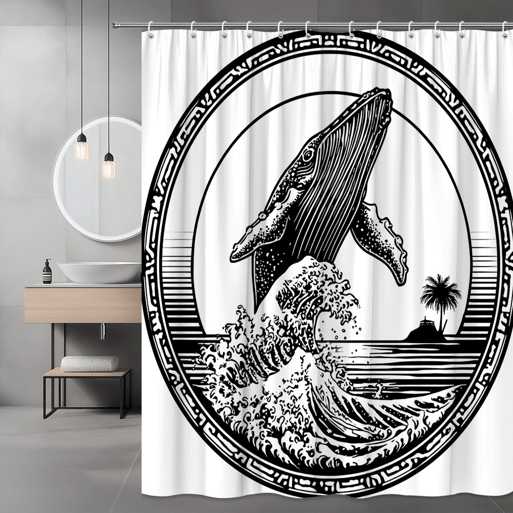Whale Ocean Shower Curtain Black White Graphic Print