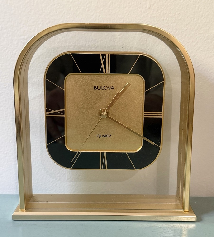 Vintage Bulova Quartz Desk Clock Gold Tone Glass Mantel Roman Numeral