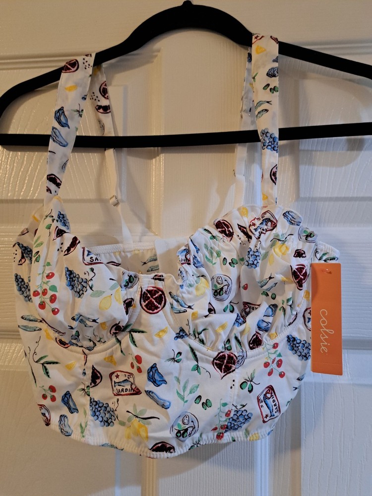 🥥 Colsie Women's Woven Corset Bra White Fruit Print Size M Swimsuit Top Beach