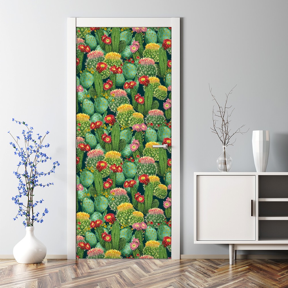 Vibrant Watercolor Cactus Bubble-Free Door Decal Floral Decor