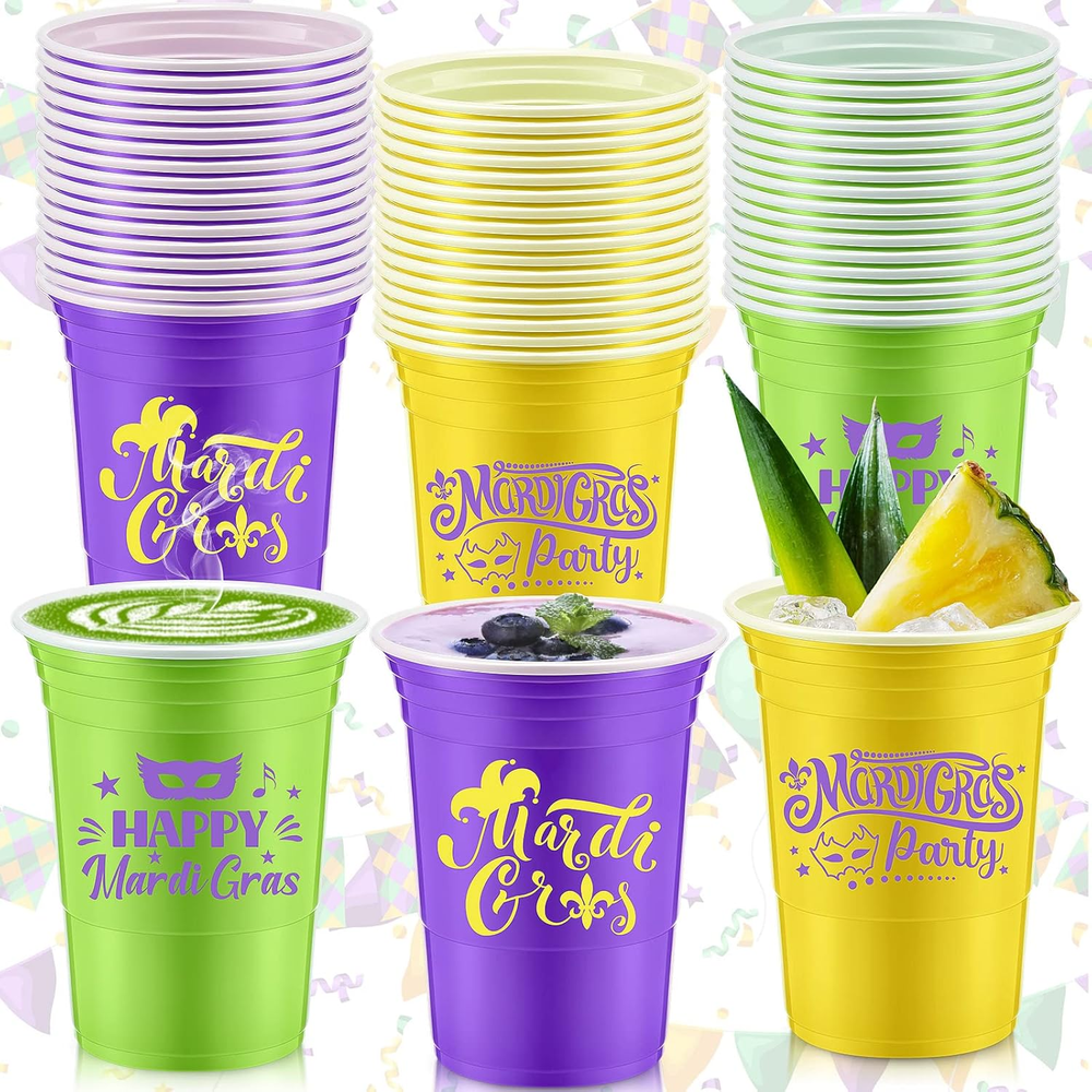 48 Pcs 16 Oz Mardi Gras Themed Plastic Cups Bulk Party Disposable Throw Cups