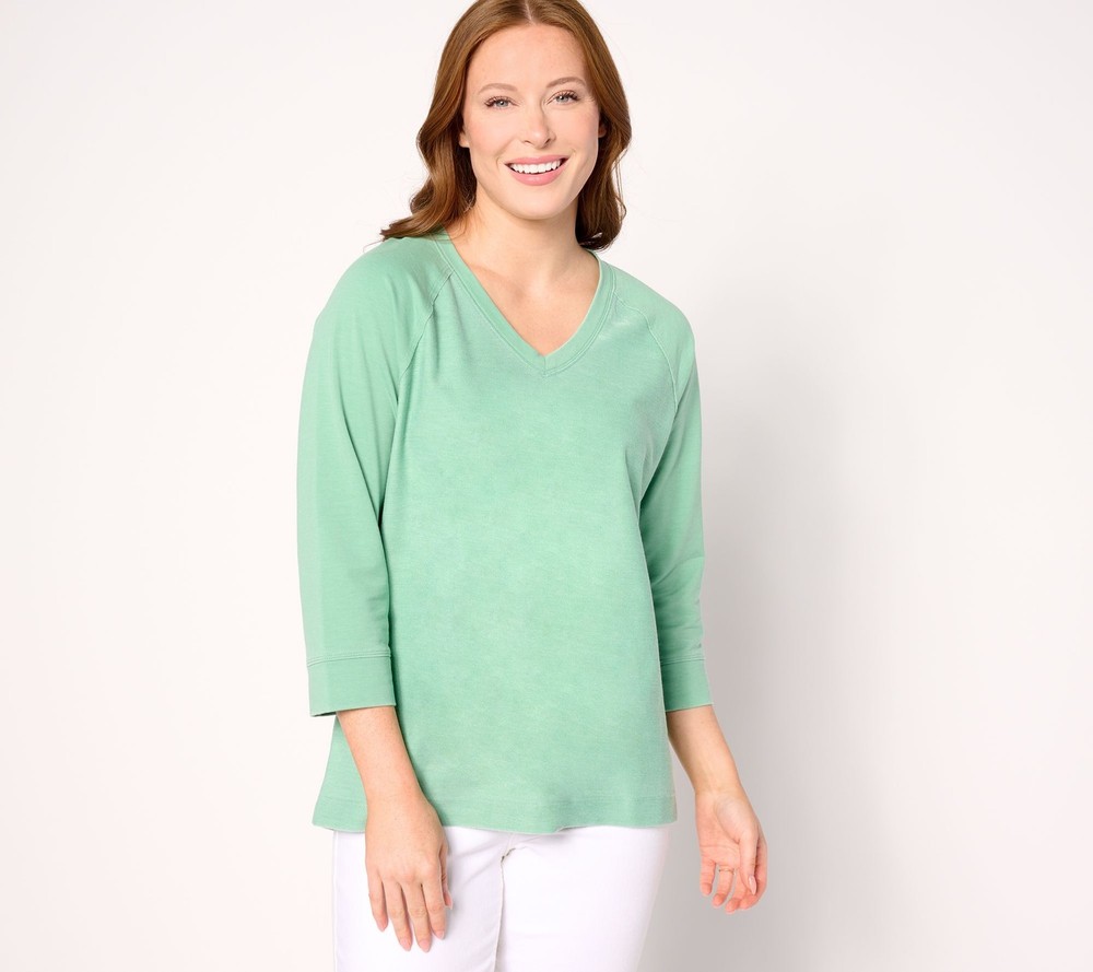 Anybody Women's Top Sz L Lounge Beach Wash French Terry V-Neck Green A641306